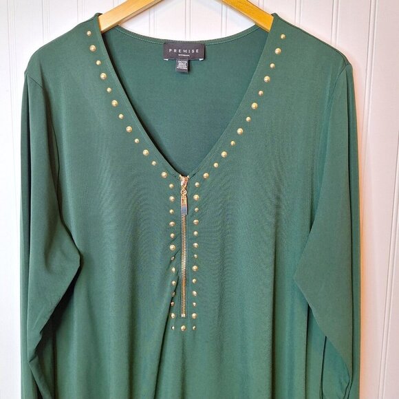 Premise Womens Tunic Top Size 1X Green Long Sleeve Studded‎ Zipper Front Stretch - Picture 3 of 13